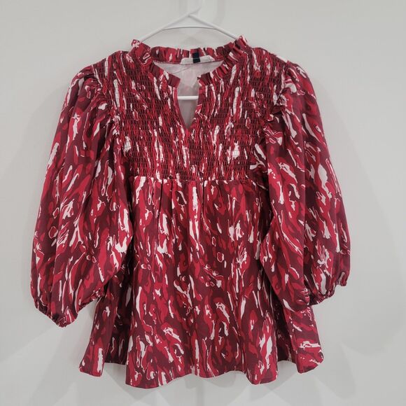 Michelle Mcdowell Womens Top Size Medium Red Smocked Peasant Flowy - Picture 1 of 6